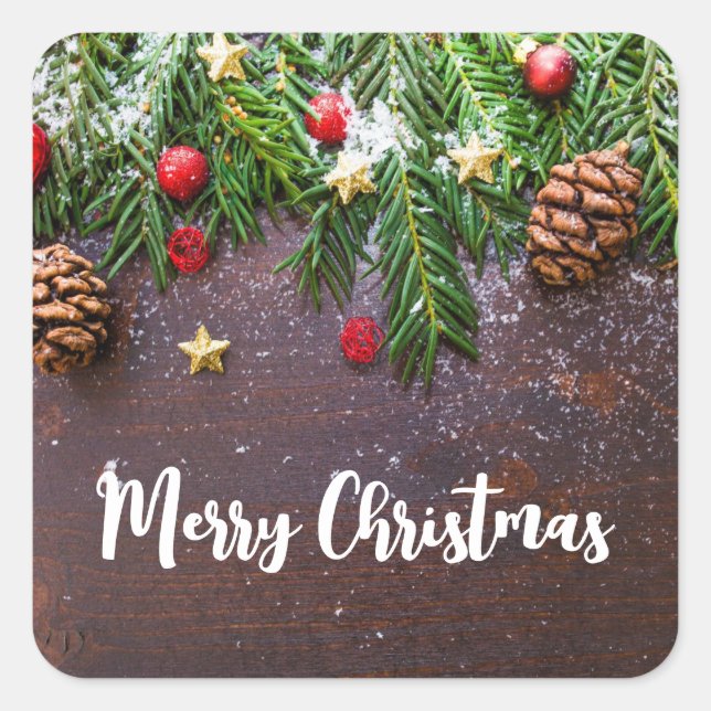 Rustic Christmas Table with Pine & Snow Square Sticker (Front)