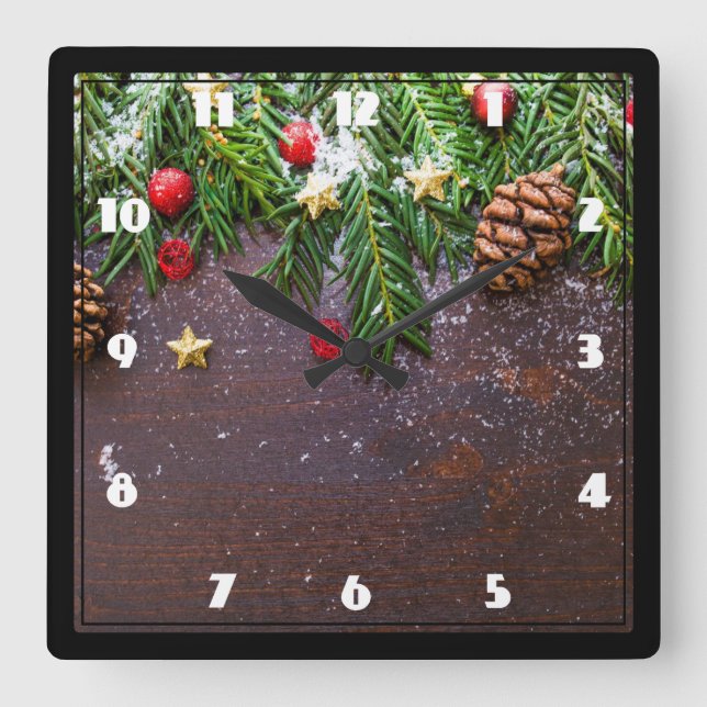 Rustic Christmas Table with Pine & Snow Square Wall Clock (Front)
