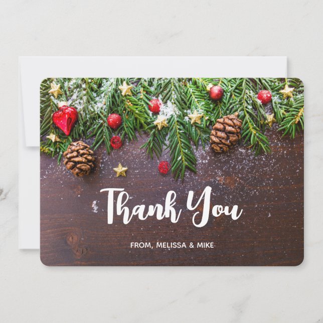 Rustic Christmas Table with Pine & Snow Thank You Card (Front)