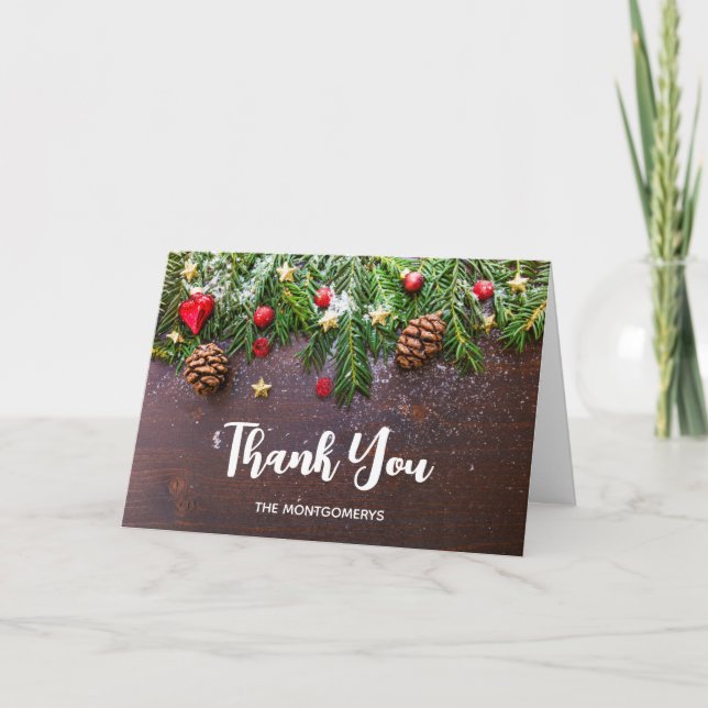  Rustic Christmas Table with Pine & Snow Thank You Card (Front)
