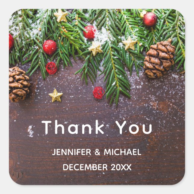 Rustic Christmas Table with Pine & Snow Thank You Square Sticker (Front)