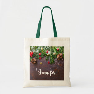 Rustic Christmas Table with Pine & Snow Tote Bag