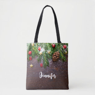 Rustic Christmas Table with Pine & Snow Tote Bag