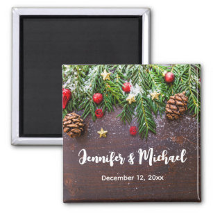 Rustic Christmas Table with Pine & Snow Wedding Magnet