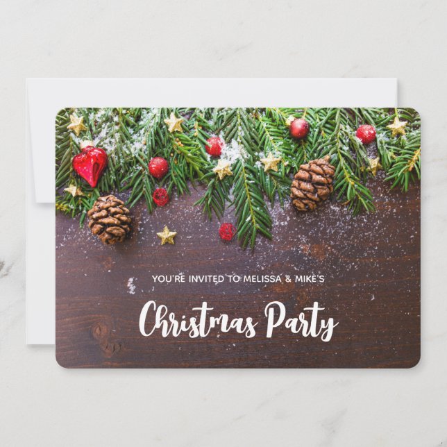 Rustic Christmas Table with Pine & Snow Xmas Invitation (Front)