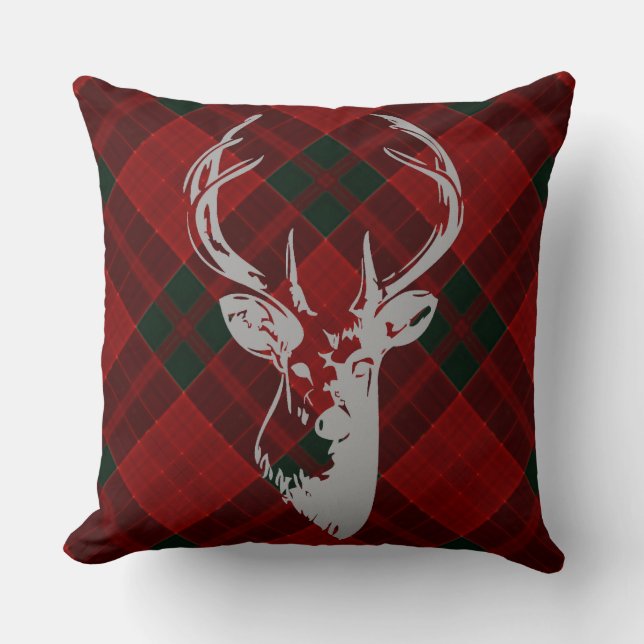 Rustic Christmas Tartan Pattern Country Deer Head Cushion (Front)