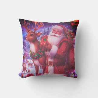 Rustic Christmas Throw Pillow - Santa Claus and Re