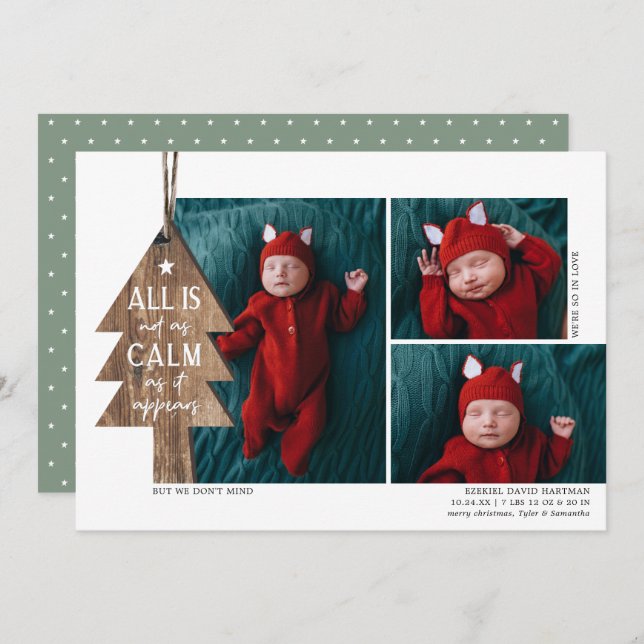Rustic Christmas Tree 3 Photo Birth Announcement (Front/Back)