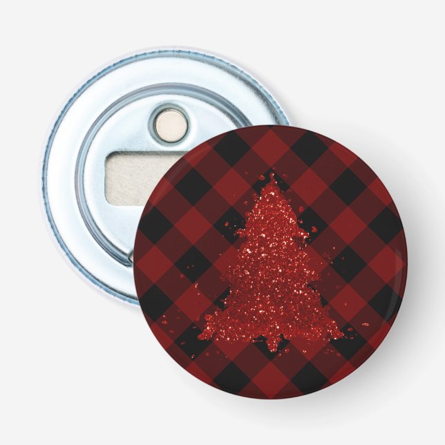 Rustic Christmas Tree Buffalo Plaid Modern Chequer Bottle Opener (Front)