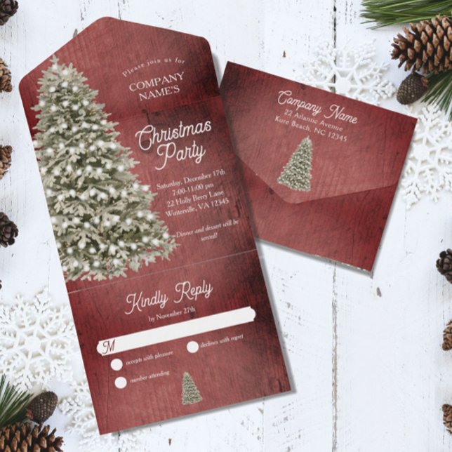 Rustic Christmas Tree Company Party Holiday Red All In One Invitation (Creator Uploaded)