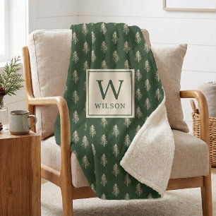 Rustic Christmas Tree Family Name Monogram Sherpa Blanket