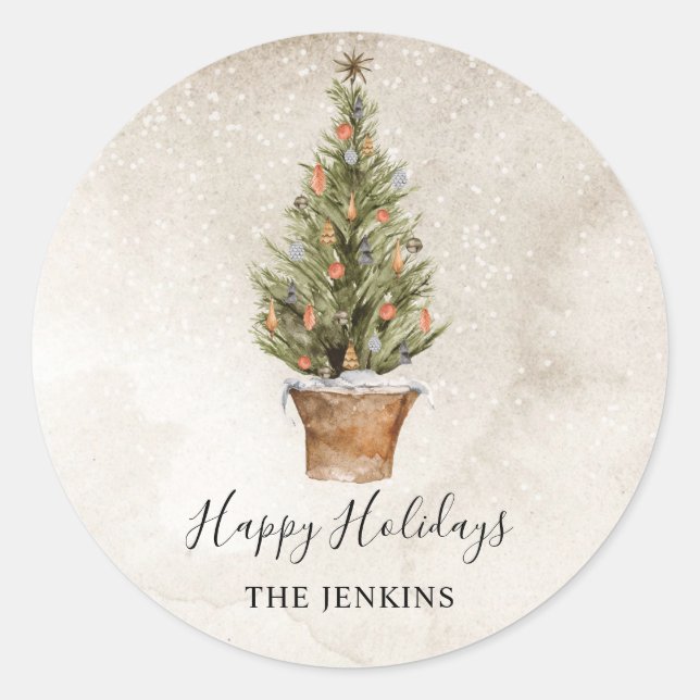 Rustic Christmas Tree Happy Holidays Classic Round Sticker (Front)