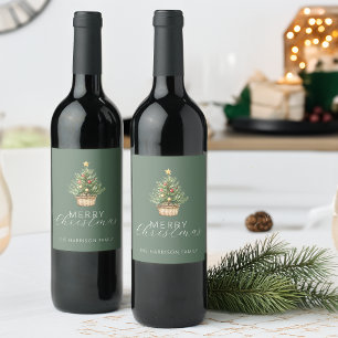 Rustic Christmas Tree In Basket Dusty Green Wine Label