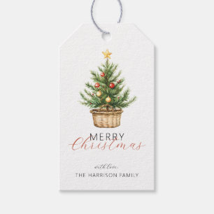 Rustic Christmas Tree In Basket Personalised Photo Gift Tags