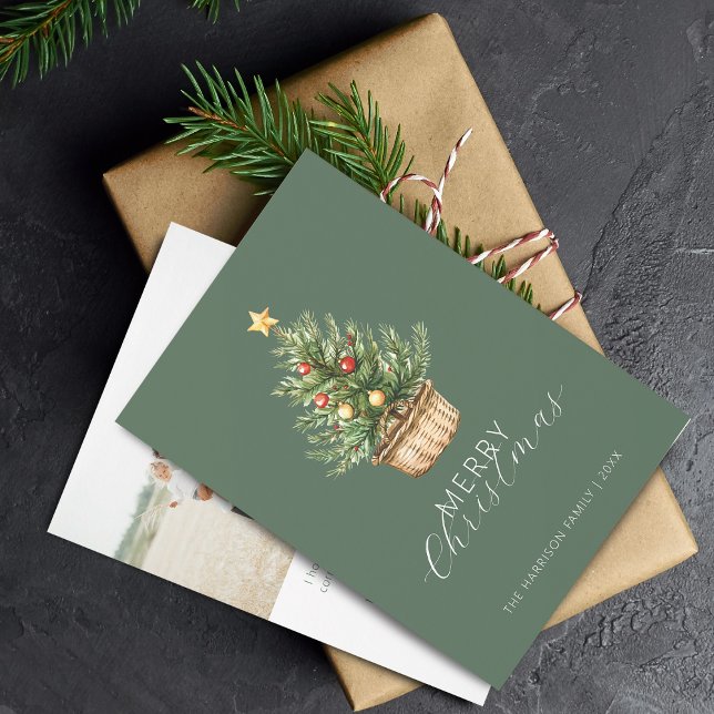 Rustic Christmas Tree In Basket Photo Flat Holiday Card (Rustic Christmas Tree In Basket Flat Holiday Card)