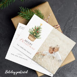 Rustic Christmas Tree In Basket Photo Holiday Postcard<br><div class="desc">Simple rustic greeting holiday postcard features watercolor Christmas pine tree in a basket. Paired with modern and script typography and your favorite photo.</div>