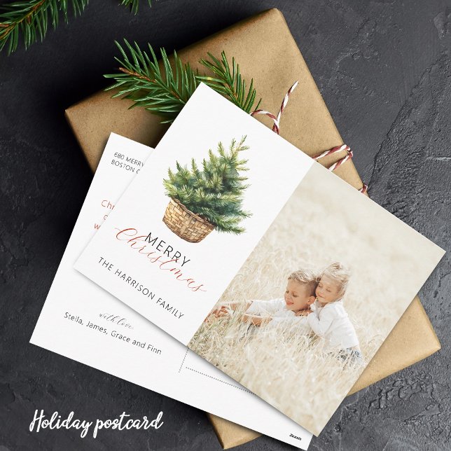 Rustic Christmas Tree In Basket Photo Holiday Postcard (Rustic Christmas Tree In Basket Flat Holiday Card)