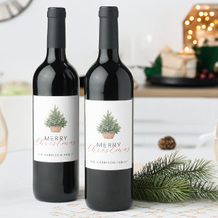 Rustic Christmas Tree In Basket Wine Label