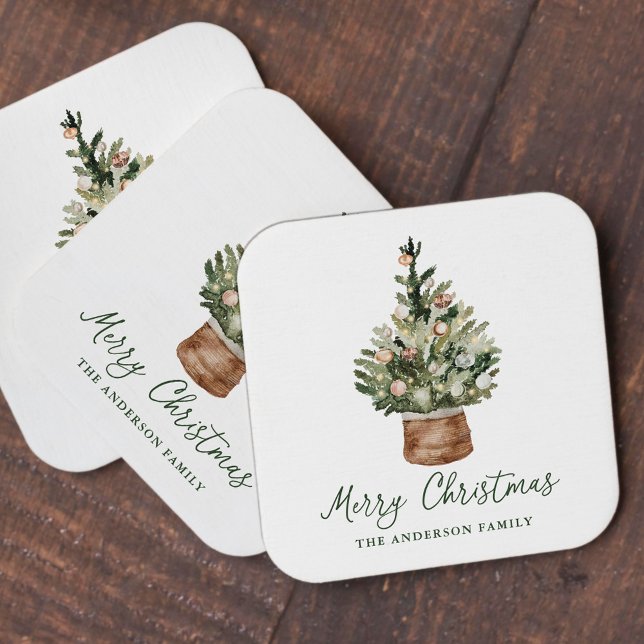 Rustic Christmas Tree Ornaments Neutral Holiday Square Paper Coaster (Creator Uploaded)
