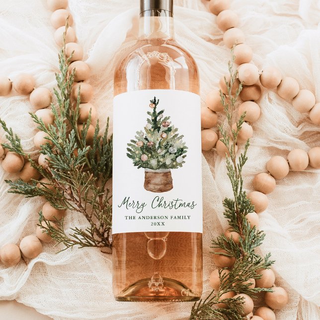 Rustic Christmas Tree Ornaments Neutral Holiday Wine Label (Creator Uploaded)