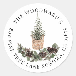 Rustic Christmas Tree Pine Boughs Return Address Classic Round Sticker