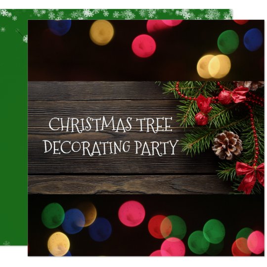 Rustic Christmas Tree Trimming Party Bokeh Lights Card