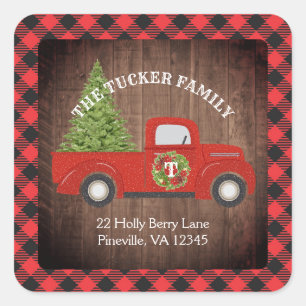 Rustic Christmas Tree Truck Plaid Address Label