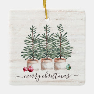 Rustic Christmas Trees Merry Christmas  Ceramic Ornament
