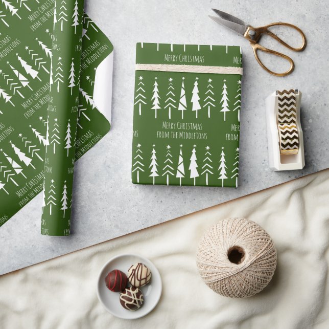Rustic Christmas Trees on Green Personalised Wrapping Paper (Crafts)
