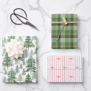 Rustic Christmas Trees Plaid and Red Stripe Bows Wrapping Paper Sheet