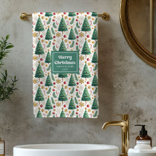 Rustic Christmas trees red green gold bath towel