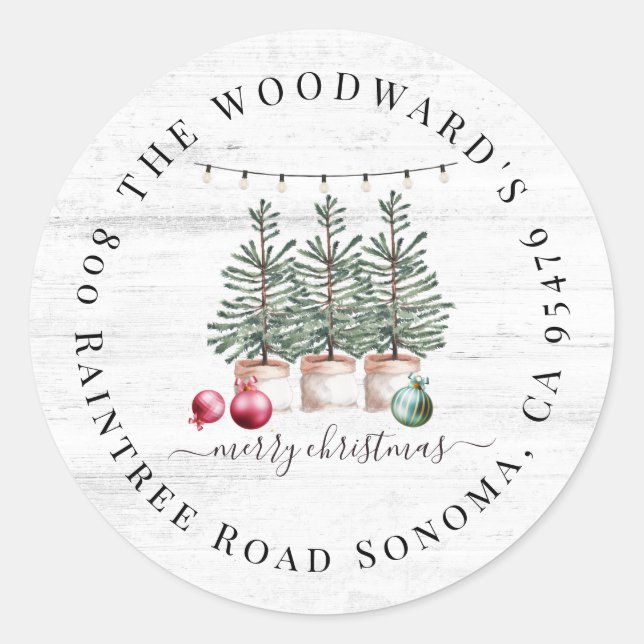 Rustic Christmas Trees Return Address Sticker (Front)
