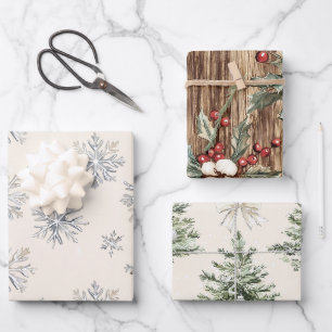 Rustic Christmas Trees Snowflakes Wrapping Paper Sheet