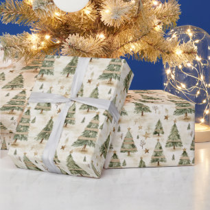 Rustic Christmas trees with burlap ribbon and star Wrapping Paper