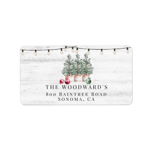 Rustic Christmas Trees Wood String Lights Address Label
