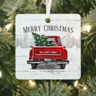 Rustic Christmas Vintage Red Truck Family Name Metal Tree Decoration