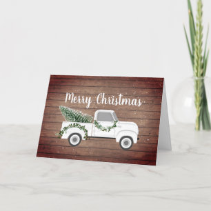 Rustic Christmas Vintage White Truck Wood Holiday Card