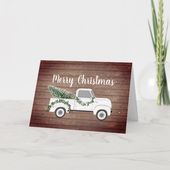 Rustic Christmas Vintage White Truck Wood Holiday Card (Front)