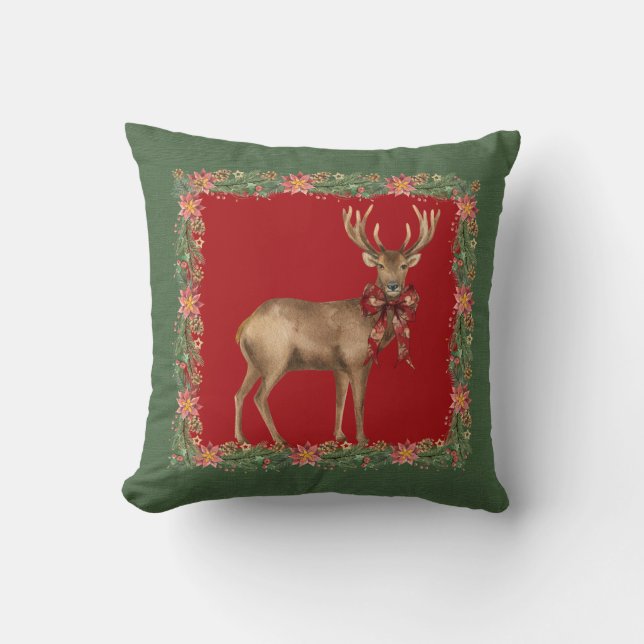 Rustic Christmas Watercolor Decorative Reindeer Cushion (Front)