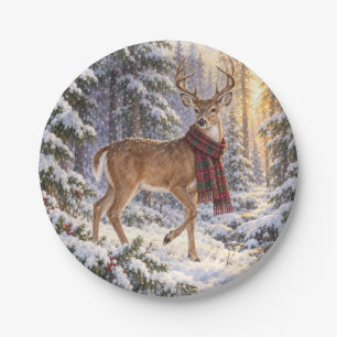Rustic Christmas Watercolor Deer Plaid Scarf Paper Plate
