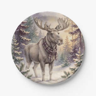 Rustic Christmas Watercolor Moose Plaid Scarf Paper Plate