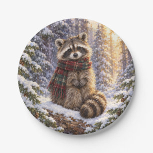 Rustic Christmas Watercolor Racoon Plaid Scarf Paper Plate