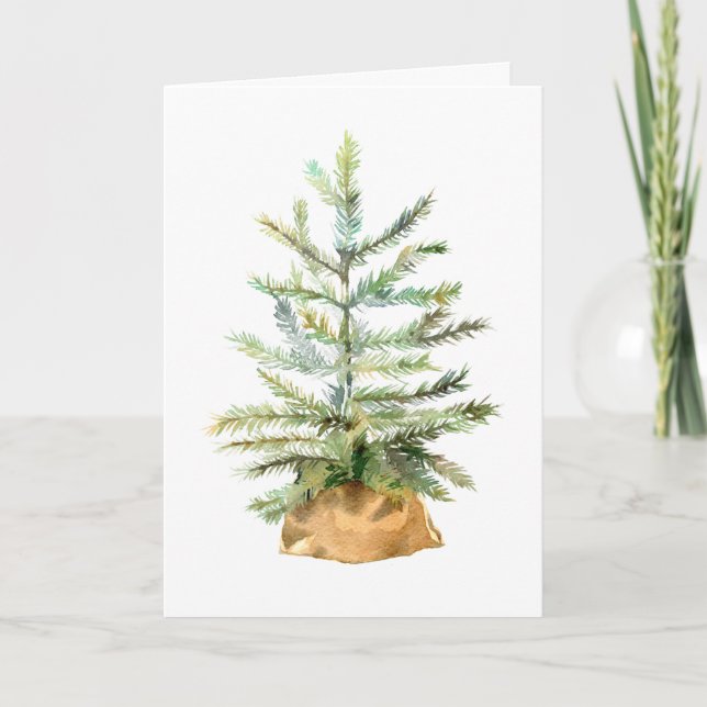 Rustic Christmas Watercolor Tree in Burlap Sack Holiday Card (Front)