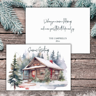 Rustic Christmas Watercolor Woodland Cabin  Holiday Card