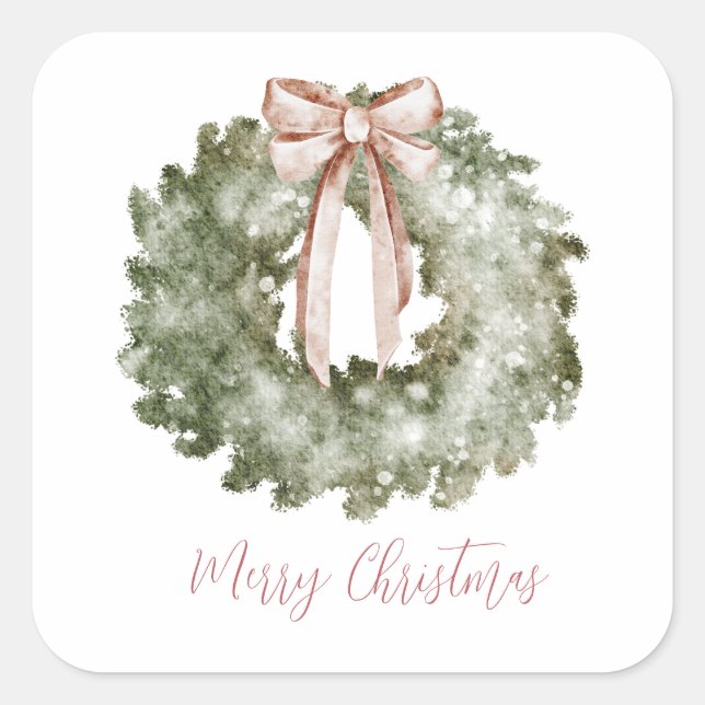 Rustic Christmas Watercolor Wreath and Bow Square Sticker (Front)