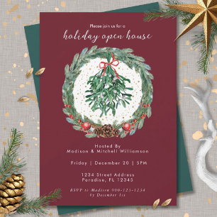 Rustic Christmas Watercolor Wreath Mistletoe Invitation
