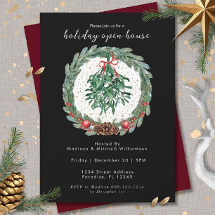 Rustic Christmas Watercolor Wreath Mistletoe  Invitation