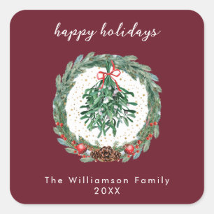 Rustic Christmas Watercolor Wreath Mistletoe Square Sticker