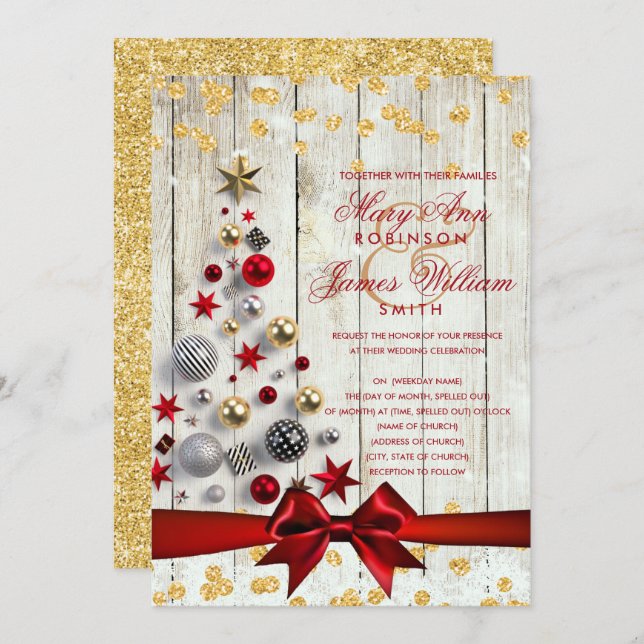 Rustic Christmas Wedding Bauble Tree Gold Glitter Invitation (Front/Back)