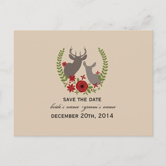 Rustic Christmas Wedding Floral Deer Save The Date Announcement Postcard (Front)